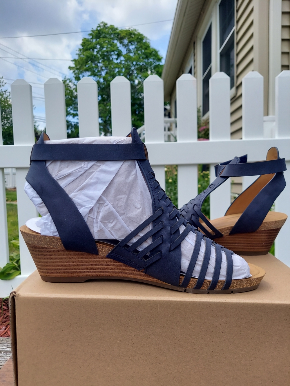 Earth Hattie3 Navy Blue Woven Strappy Wedge Sandals Women's Size 11M Cottagecore - Picture 4 of 11